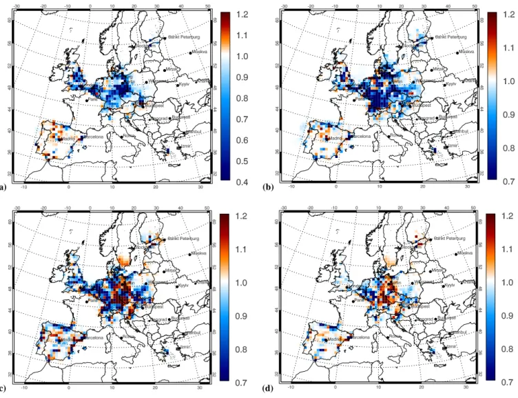 Fig. 10. Emission correction factors for (a) sulfur dioxide, (b) nitrogen dioxide, (c) terminal alkenes, and (d) isoprene at the surface layer, analysed by joint initial value/emission rate optimisation with 24 h assimilation interval placed at 17 August 1