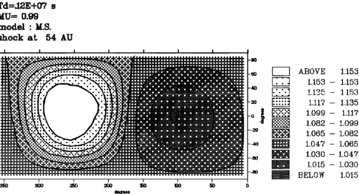 Fig.  10.  Isocontours of the  ratio  of the  intensities  co•nputed from  30 astronomical  units  with  a radiative  transfer  model for two different density models