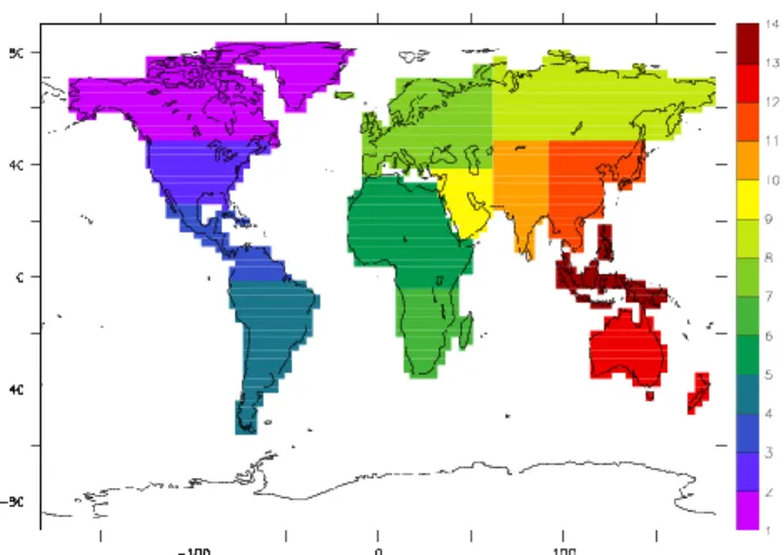 Fig. 1. Partition of the continents into 13 regions (1=North Amer- ican Boreal, 2=USA, 3=South American Tropical, 4=South  Amer-ican Temperate, 5=Northern Africa, 6=Southern Africa, 7=Europe, 8=Eurasian Boreal, 9=Middle East, 10=South Asia, 11=South East A