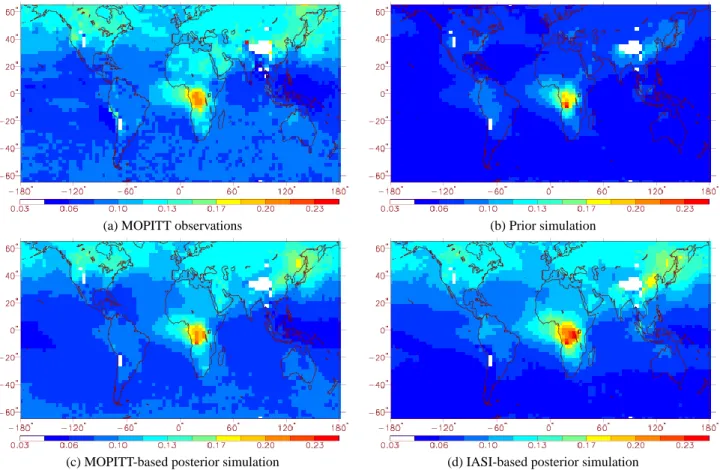 Fig. 6. Mean CO concentrations, in parts per million, for July 2008 in (a) the MOPITT retrievals for the 700 hPa pressure level, (b) the prior simulation, (c) the MOPITT-based posterior simulation and (d) the IASI-based posterior simulation