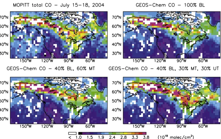 Figure 9. MOPITT total column CO averaged for 15 – 18 July 2004 on the 2°  2.5° horizontal grid of the GEOS-Chem model and corresponding GEOS-Chem simulations (with peat burning included) using three different parameterizations of the injection height of t