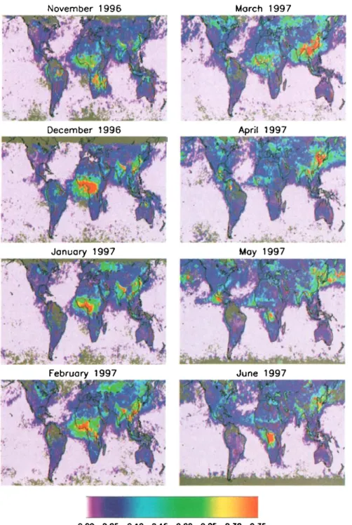 Figure 1. Maps of  the monthly mean aerosol  index derived  from POLDER  space-borne  measurements