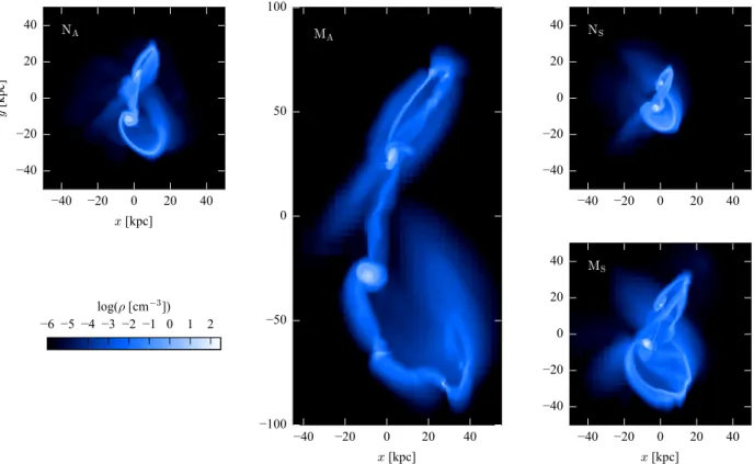 Figure 2. Map of the gas density of the models, when the galaxies reach their maximum separation after the first passage