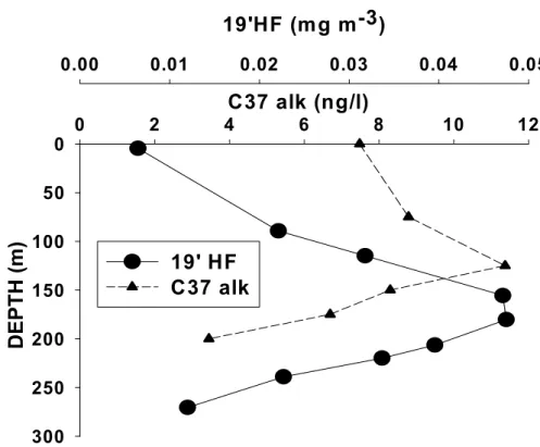 Fig. 5. Profiles for total C 37 alkenones concentrations (C37 alk) and 19-hexanoyloxyfucoxanthin pigment (19’HF) with depth in the suspended particles from the gyre.