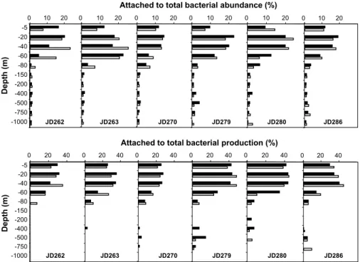 Fig. 5. Vertical changes of the attached to total bacterial abundance ratio in the 0–1000 m water column during night (  ) and day (  )