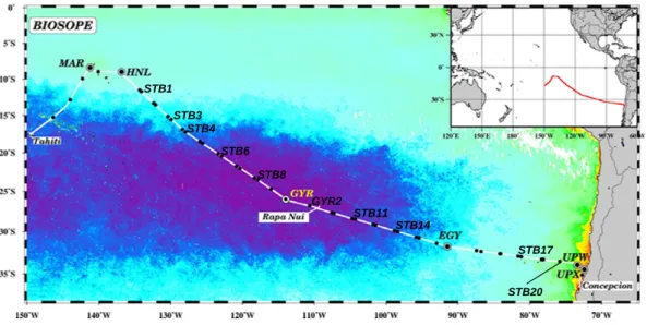 Fig. 1. Map of the BIOSOPE cruise track superimposed on a SeaWiFS ocean colour composite, dark purple indicating extremely low values (0.018 mg m − 3 ) of total chlorophyll a