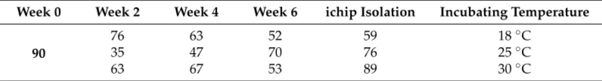 Table 2. Number of bacterial isolates cultured from intact (week 0) and decaying Ascopyllum nodosum samples (week 2, week 4, and week 6), incubated at different temperatures, using the maceration isolation method and the ichip device.