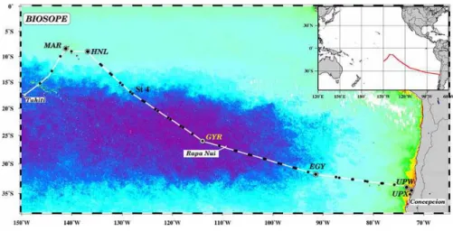 Fig. 1. Map of the BIOSOPE cruise track superimposed on a SeaWiFS ocean colour composite, the dark purple indicating the extremely low concentrations (0.017 mg m −3 ) of TChla.