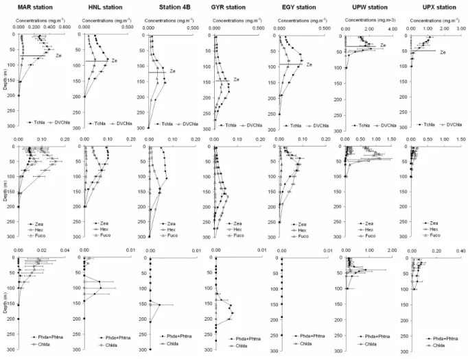 Fig. 4. Average vertical pigment profiles (mg m −3 ) at the MAR, HNL, St4B, GYR, EGY, UPW and UPX sites: (a) Total chlorophyll-a and divinyl chlorophyll-a, the horizontal lines represent the depth of the euphotic layer (Ze); (b) zeaxanthin, 19 ′ -hexanoylo