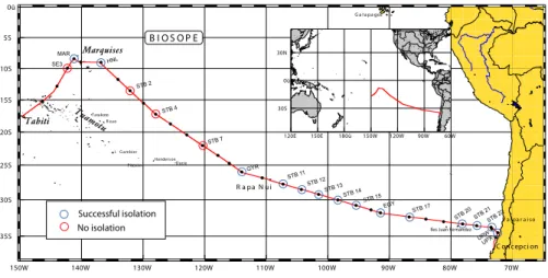 Fig. 1. BIOSOPE cruise track displaying the location of stations sampled for cultures.
