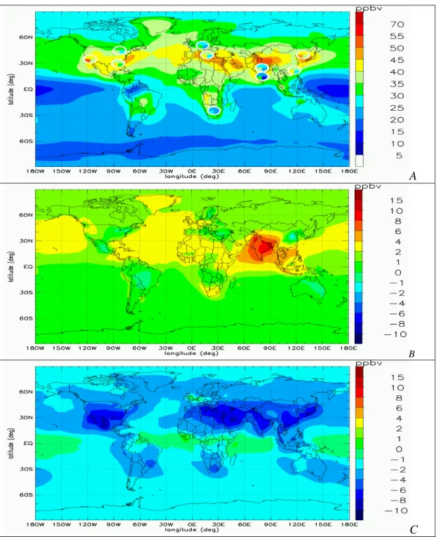 Figure 1: (a) Ozone in the year 2000; and the ozone differences between scenarios  (b) CLE, (c) MFR, (d) A2 with 2000 and (e) the impact of climate change comparing  CLEc and CLE