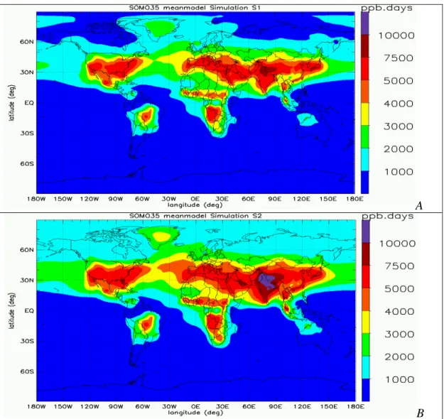 Figure 2: SOMO35 [ppbv days]  (a) in the year 2000; (b) 2030 CLE; (c) 2030 MFR  and (d) A2