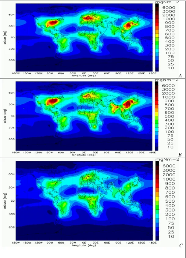 Figure 3: NO y  total deposition averaged for 22 models [mgNm -2  yr -1 ] in (a) 2000 (b)  CLE 2030 (c), MFR 2030 (d) A2 2030 ; and (e) total reactive nitrogen (=NO y +NH x )  deposition [mgNm -2  yr -1 ] in 2000 .