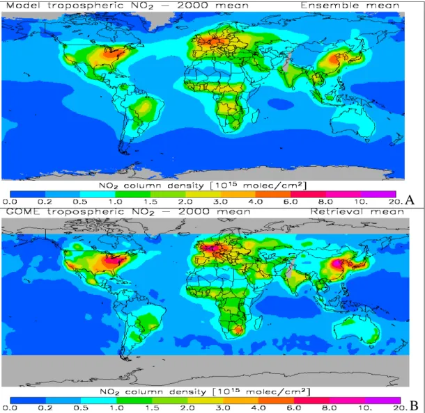 Figure 4: (a) Modelled and (b) GOME measured annual average NO 2  columns for  the year 2000