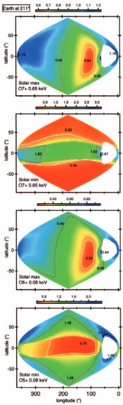 Fig. 13. Same as Fig. 11 for an observer at 211 ◦ ecliptic longitude. The color scale is in units of 10 −9 erg cm −2 sr −1 s −1 , red colour corresponding to minimum and blue to maximum values.