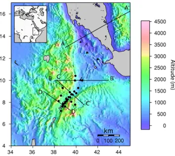Figure 2. Topographic relief showing broad uplifted Ethiopian plateau (data from Gtopo30)