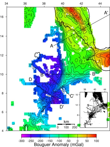 Figure 3. Bouguer gravity anomaly map. Bold lines indicate locations of profiles AA  , BB  , CC  and DD  of observed gravity, topography, and crustal thickness predicted from 3-D gravity inversion (Figs 4a–d)