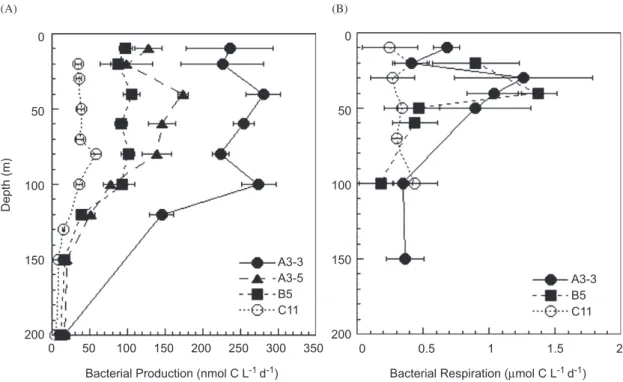 Fig. 4. Bacterial heterotrophic production (A) (mean values 7 percent variation of duplicate samples) and respiration (B) (mean values 7 SE of quadruplicate incubations) in surface waters above the Kerguelen Plateau (Stations A3 and B5) and at the HNLC-sit