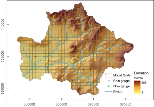 Fig. 1. The Brue catchment and the mesh configured for GBDM model (the horizontal and vertical axes refer to the Easting and Northing in National Grid Reference co-ordinates).