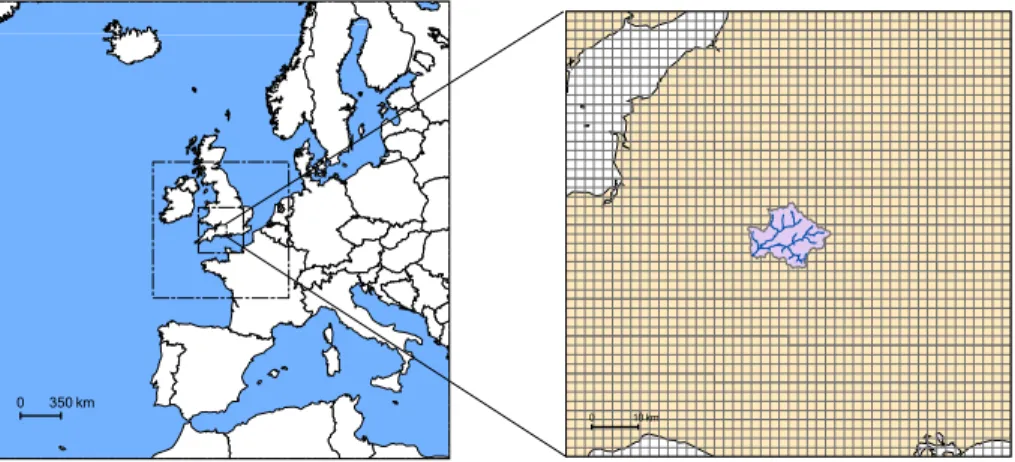 Fig. 2. The domain configuration of the MM5 (left with each domain indicated by dash-dot lines) and the detailed view of domain 4 (right, the Brue catchment shown with colour shade near the centre).