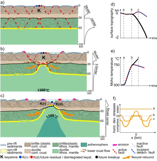 Figure 4. Conceptual model for the evolution of a mechanically decoupled lithosphere during extension: (a) phase of distributed extension; (b) upper mantle necking phase; and (c) crustal necking phase (see text for discussion)