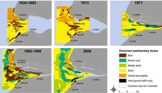 Fig. 2. Sedimentary facies evolution of the Seine estuary over ﬁve periods of time (see Fig