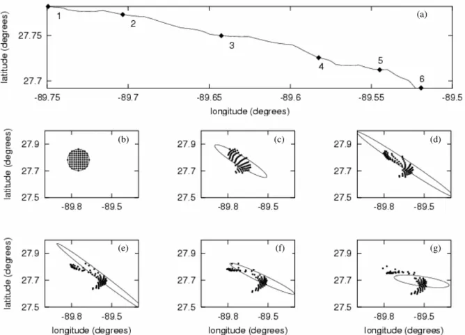 Fig. 16. Cluster spread along the trajectory (a) of H17543 drifter. Positions 1, 2, 3, 4, 5, 6 of cluster center (a) and corresponding to them positions of the cluster (b), (c), (d), (e), (f), (g) are given through every 8 h