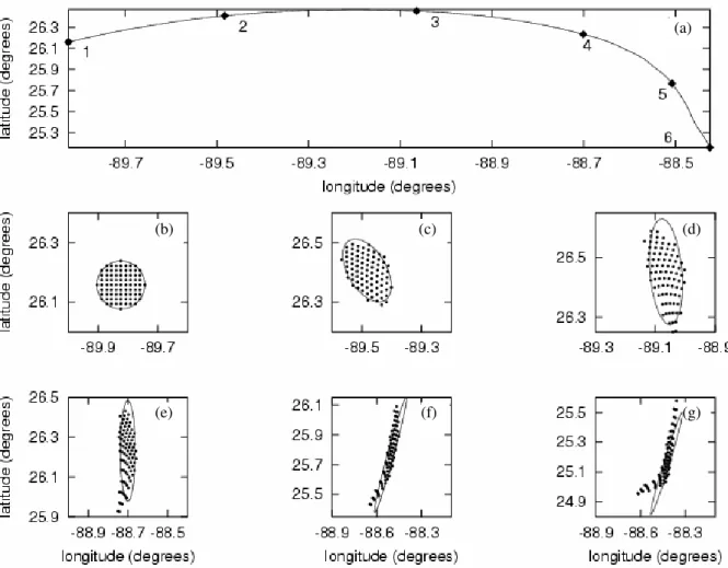 Fig. 17. Cluster spread along the trajectory (a) of H17547 drifter. Positions 1, 2, 3, 4, 5, 6 of cluster center (a) and corresponding to them positions of the cluster (b), (c), (d), (e), (f), (g) are given through every 15 h