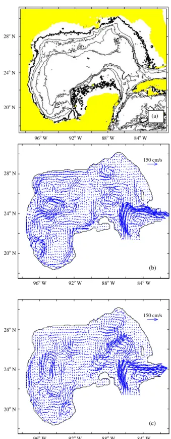Fig. 1. High-resolution bathymetry utilized by the model (a) and circulation patterns in the Gulf of Mexico for two different  dynam-ical regimes in 1998 on (b) Julian Day 260, and (c) Julian Day 320.