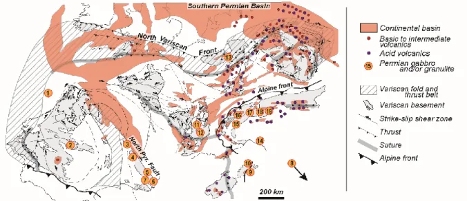Fig.  10:  Maps  of  Early  Permian  (Autunian,  290–260  Ma)  sedimentary  basins  and  volcanics  compiled  from  Trümpy  and  Dösseger  (1972),  Lorenz  and  Nicholls(1976)  ,  Feys  (1989), Châteauneuf (1989), Burg et al