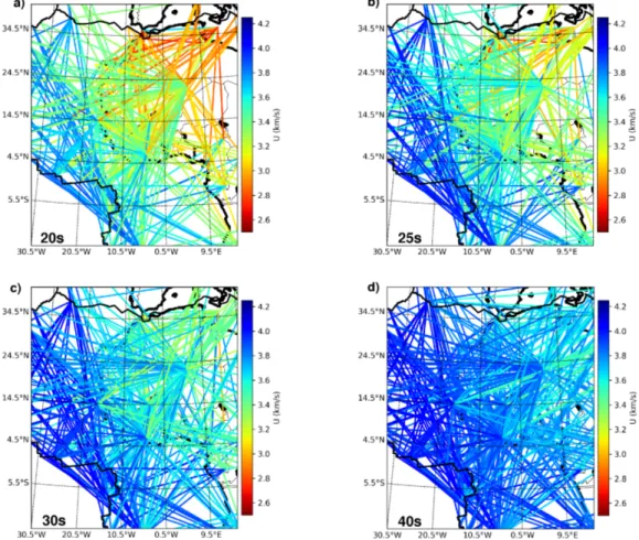 Fig. 9 Path coverage maps for group-velocity measurements at 20, 25, 30 and 40 s period