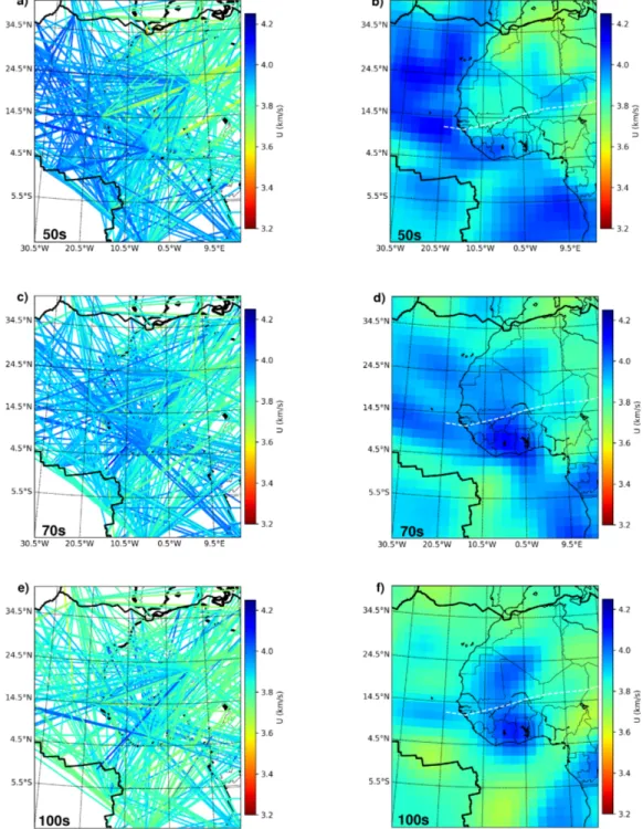 Fig. 11 Path coverage (a, c, e) and group-velocity maps (b, d, f) for 50, 70 and 100 s period