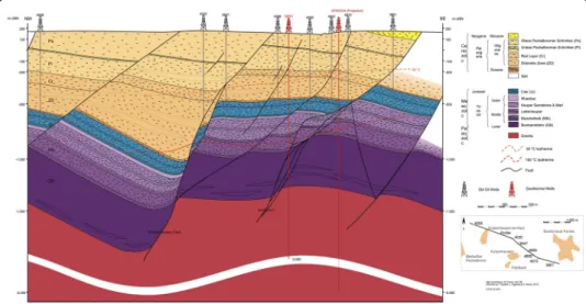 Figure 1 Geological cross section based on seismic reflection profiles. Numerous large-scale crustal faults originate in the basement and cross the sedimentary cover