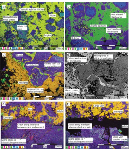 Figure 5. Scanning Electron Microscopy EDS (Energy Dispersive X-ray Spectroscopy) element maps  of (a) EDS stacked image of sulfur cemented ash tuff; (b); EDS stacked image of alunite cemented  portion of hydrothermal breccia (c) EDS element map of hydroth