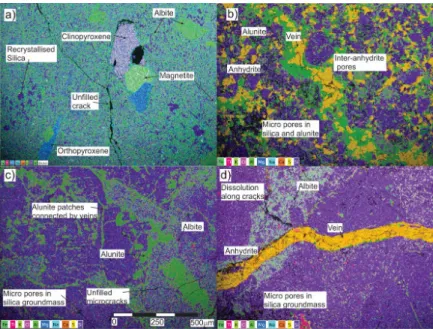 Figure 3. Scanning Electron Microscopy EDS (Energy Dispersive X-ray Spectroscopy) element maps  of (a) relatively unaltered lava; (b) altered lava; (c) altered lava; (d) altered lava