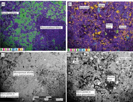 Figure 4. Scanning Electron Microscopy EDS (Energy Dispersive X-ray Spectroscopy) element maps  and backscatter images, respectively, of (a) and (c) ash tuff matrix of a hydrothermal breccia from  block 2-3; (b) and (d) ash tuff block 3-3