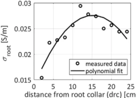 Fig. 4. Measurement data on the electrical conductivity of maize  roots (s root ) vs. distance from the root collar