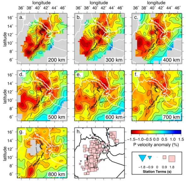 Figure 7. Depth slices through the undamped tomographic model (ﬂattening 5 4800, smoothing5 153600, damping50) at depths between 200 and 800 km