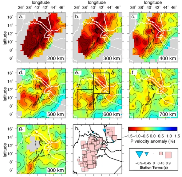 Figure 8. Depth slices through our preferred damped tomographic model (ﬂattening5 4800, smoothing5 153,600, damping5 35), at depths between 200 and 800 km