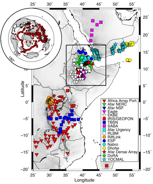Figure 2. Distribution of sources (red dots in inset) and stations (main map) used in this tomographic study
