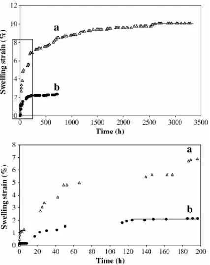Fig. 9. Swelling strain during percolation experiments of water in (a) original  smectite and (b) NH 4 -smectite