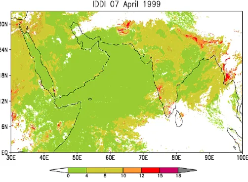 Fig. 7. The final IDDI image (in K) after cloud screening the difference image. This image represents the regional distribution of dust aerosols.
