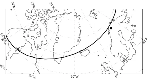 Fig. 1. Map displaying the position of the GOES 8 footprint (indicated by