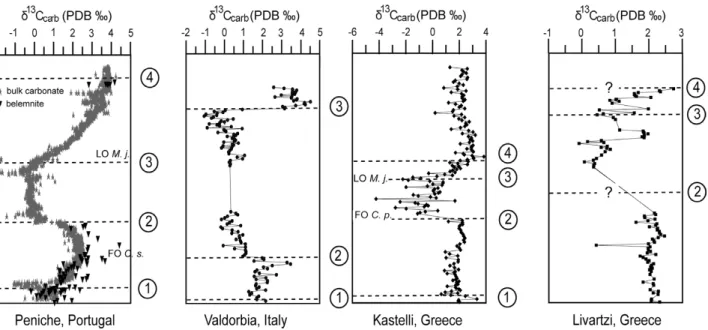 Figure 9. Comparison between the δ 13 C carb data from Peniche, Portugal (Hesselbo et al