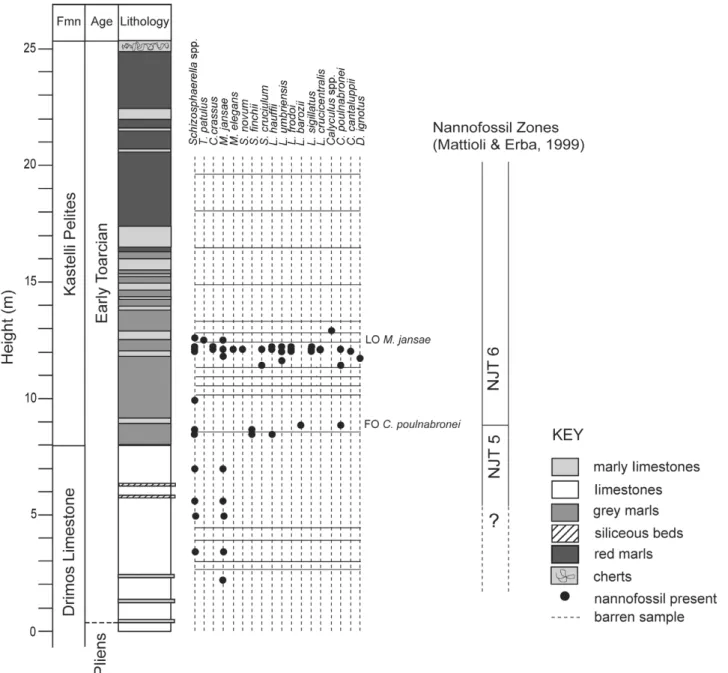 Figure 3. Lithological column and biostratigraphical data from the Kastelli section. Nannofossil zones after Mattioli &amp; Erba (1999).
