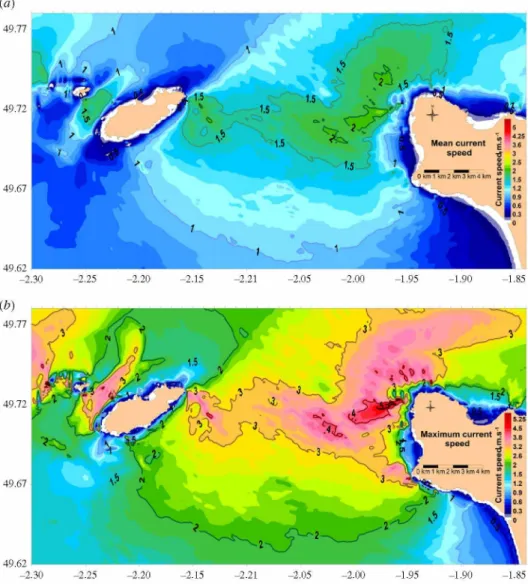 Figure 7.  Simulated average (a) and maximum (b) current speed around the La Hague Cape