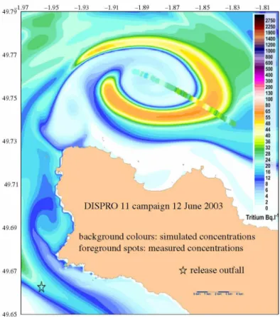 Figure 9.  Dispersion ofthe tritium plume issued from the La Hague release outfall when it reached the north ofthe La Hague  Cape at high tide, simulation (background) and measurement (foreground) [5]