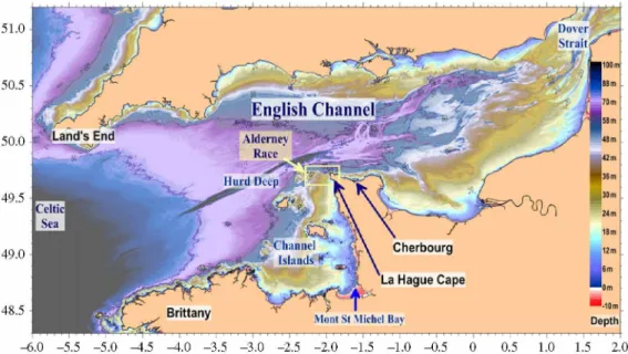 Figure 1.  Bathymetry map ofthe English Channel with the main locations cited. The yellow rectangle shows the study area  (figure 2)