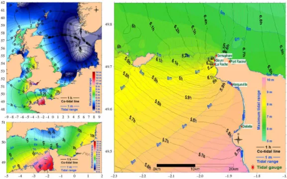 Figure 4.  Co-tidal lines in hours (black lines). Background: maximum tidal range in metres (blue lines)