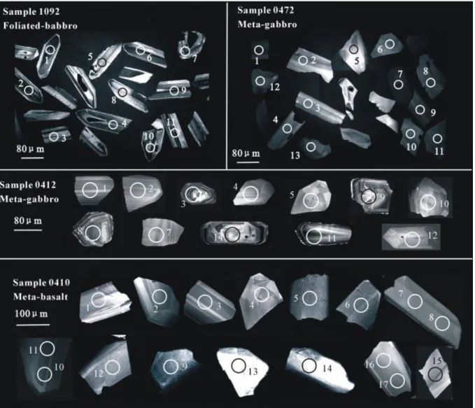 Fig. 3. CL images of zircon grains from four mafic rocks in the Cathaysia block. 